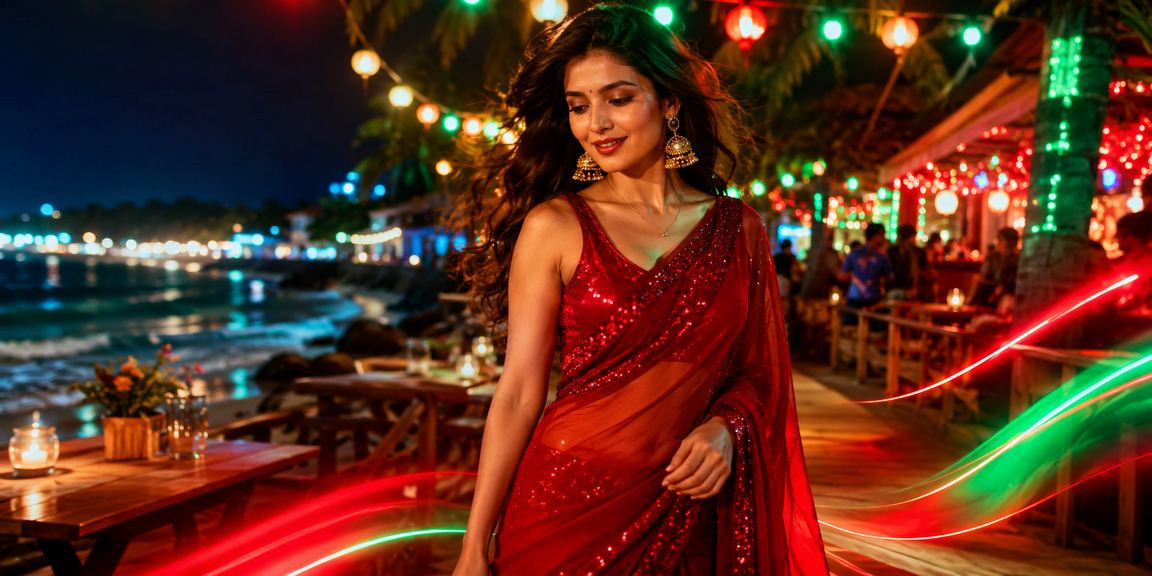 A woman in a saree at Cox's Bazar enjoying jackpot games on a casino app