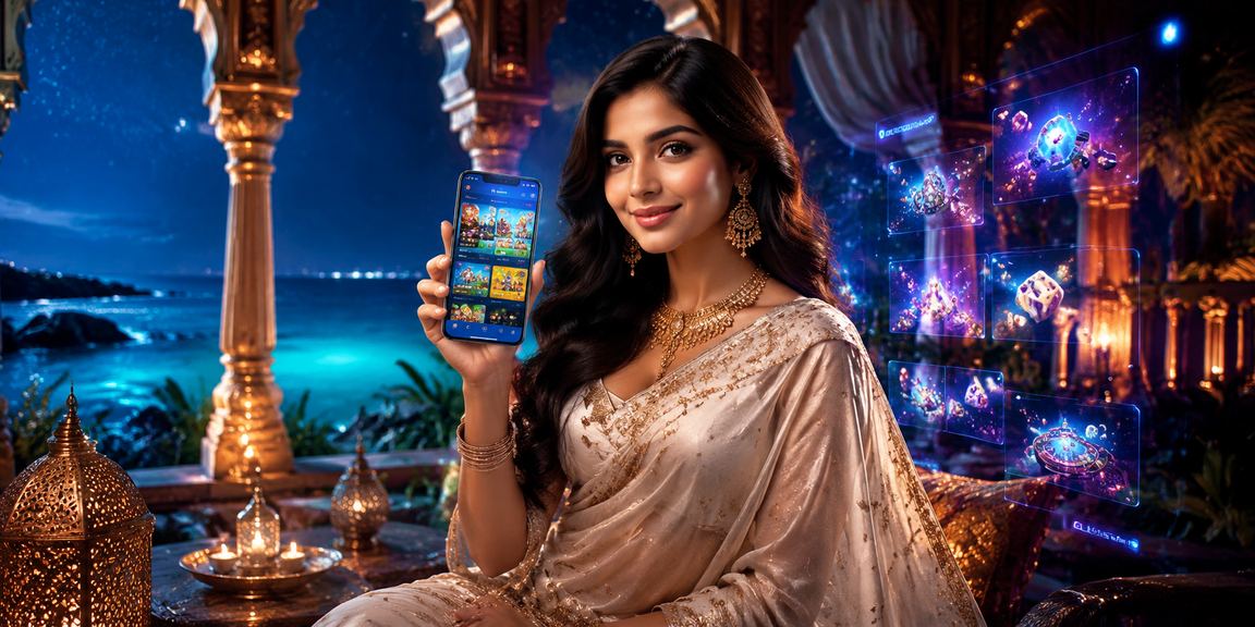 A woman in a saree at Saint Martin's Island enjoying casino vouchers on her mobile